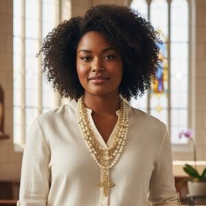 Chicos Multi Strand Faux Pearl Gold Tone Ornate Cross Pendant Statement Necklace